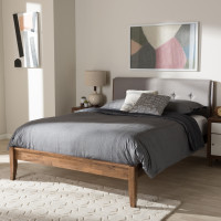 Baxton Studio SW8013-Light Grey/Walnut-M7-Queen Leyton Mid-Century Light Grey Fabric and Medium Brown Finish Wood Queen Size Platform Bed